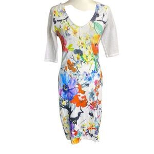 Fashion House Body-con Fitted Knee Length V Neck Jersey Knit Floral Dress Size L